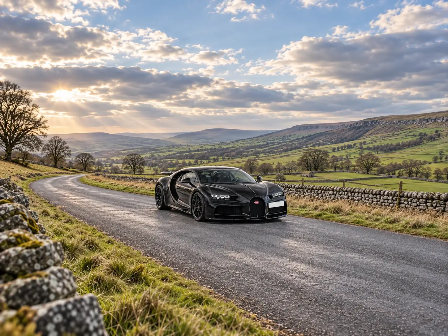 Black Bugatti Chiron on a quiet Yorkshire Dales countryside road