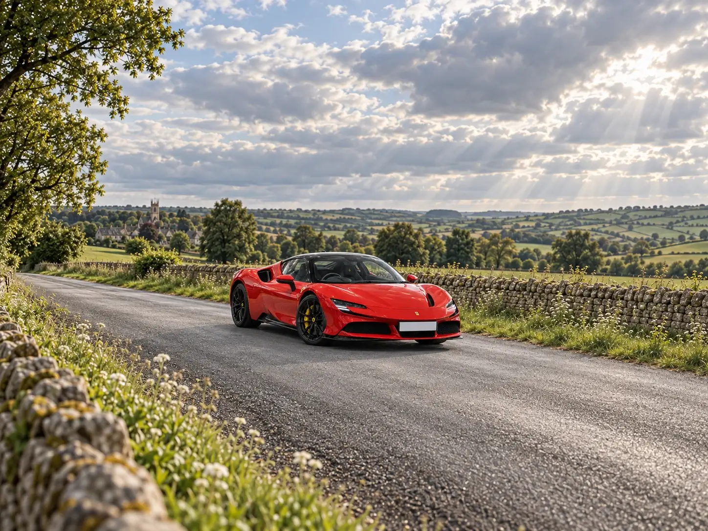 Red Ferrari SF90 Stradale on a quiet Cotswolds countryside road